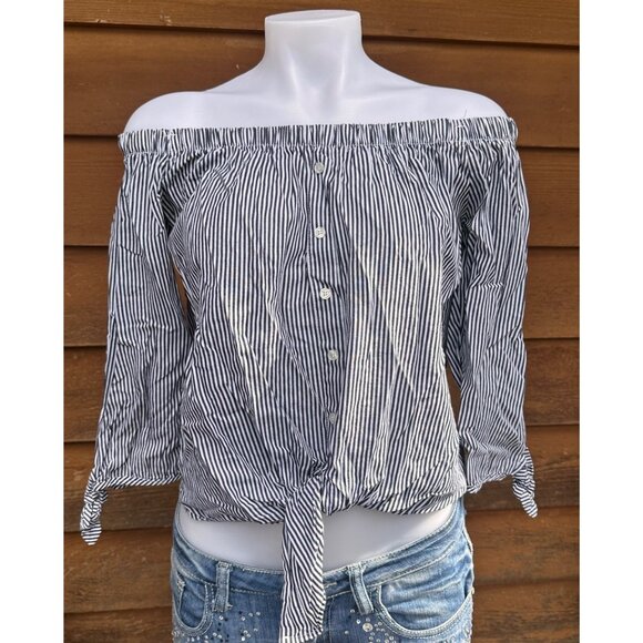 Active USA Tops - Active USA Off the Shoulders Striped Blue White Jump Ship Top Size M